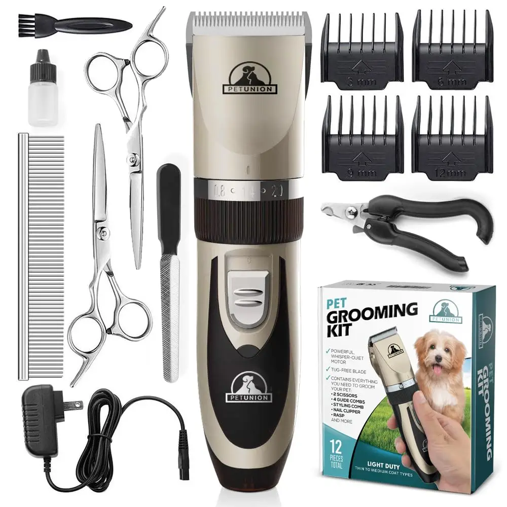 Professional Cordless Dog Grooming Kit - Rechargeable Clippers, Low Noise, Titanium Blades, Complete Set for Dogs & Cats (Gold)
Professional Cordless Dog Grooming Kit - Rechargeable Clippers, Low Noise, Titanium Blades, Complete Set for Dogs & Cats (Gold)