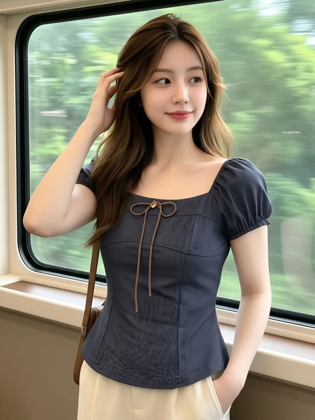 Retro Dark Blue Square Collar Bow Tie Short Sleeve Women's Summer New Slimming Design Bubble Sleeve Top City Walk Casual Style
Retro Dark Blue Square Collar Bow Tie Short Sleeve Women's Summer New Slimming Design Bubble Sleeve Top City Walk Casual Style