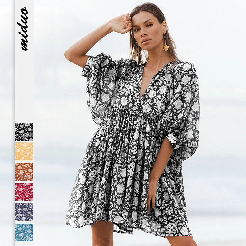 Women Summer Floral Dress Puff Sleeved V Neck Chic and Elegant Female Midi Boho Beach Dress Casual Loose Knee-length Short Dress
Women Summer Floral Dress Puff Sleeved V Neck Chic and Elegant Female Midi Boho Beach Dress Casual Loose Knee-length Short Dress