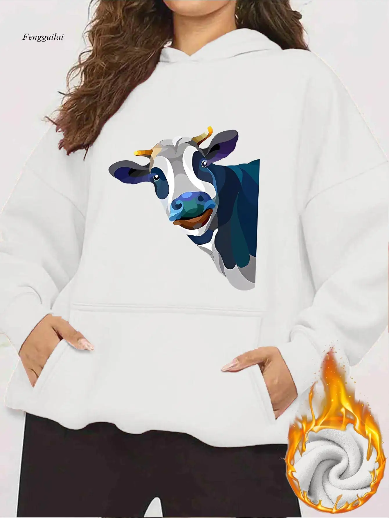 Толстовка с красочным коровьим принтом — уютный пуловер на флисовой подкладке, длинный рукав, передний карман, повседневный спортивный стиль
Толстовка с красочным коровьим принтом — уютный пуловер на флисовой подкладке, длинный рукав, передний карман, повседневный спортивный стиль