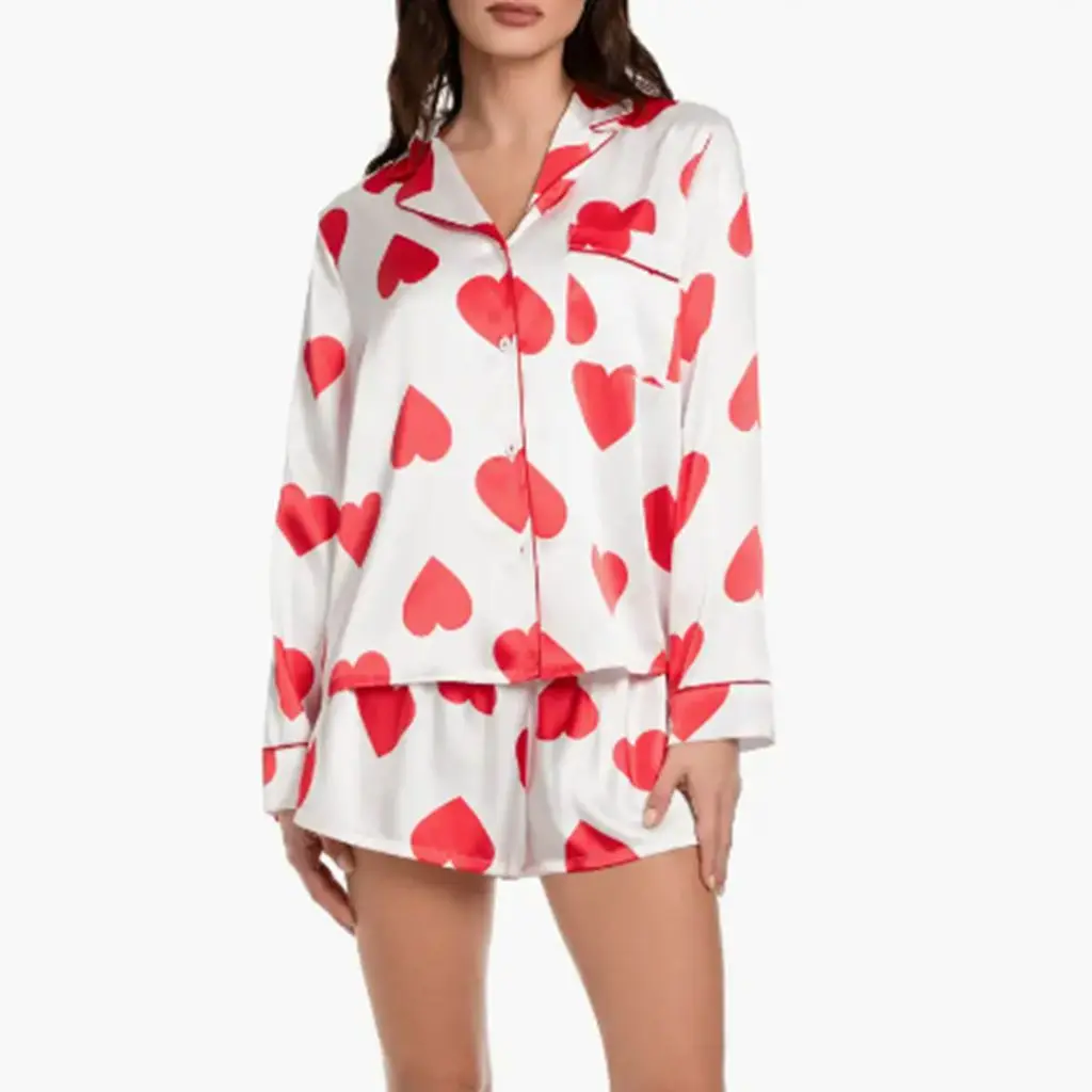 HEZIOWYUN Women's Valentine's Day 2Piece Heart Print Satin Loungewear Pajamas Set Long Sleeve Button-up Shirt + Shorts Sleepwear
HEZIOWYUN Women's Valentine's Day 2Piece Heart Print Satin Loungewear Pajamas Set Long Sleeve Button-up Shirt + Shorts Sleepwear