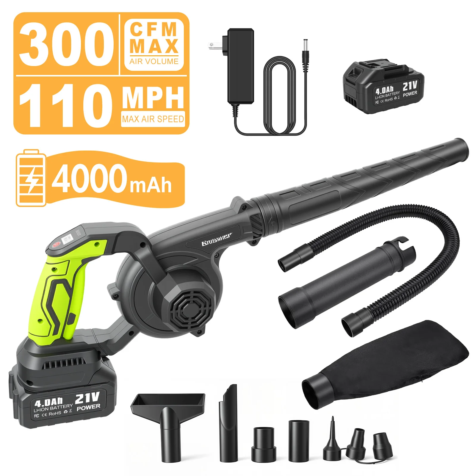 Беспроводной электрический воздуходув-пылесос 2-в-1, 121 В, 110 миль/ч (300 куб. футов/мин), легкий, 3 скорости, с 2 аккумуляторами 3,0 Ач для сада и патио
Беспроводной электрический воздуходув-пылесос 2-в-1, 121 В, 110 миль/ч (300 куб. футов/мин), легкий, 3 скорости, с 2 аккумуляторами 3,0 Ач для сада и патио