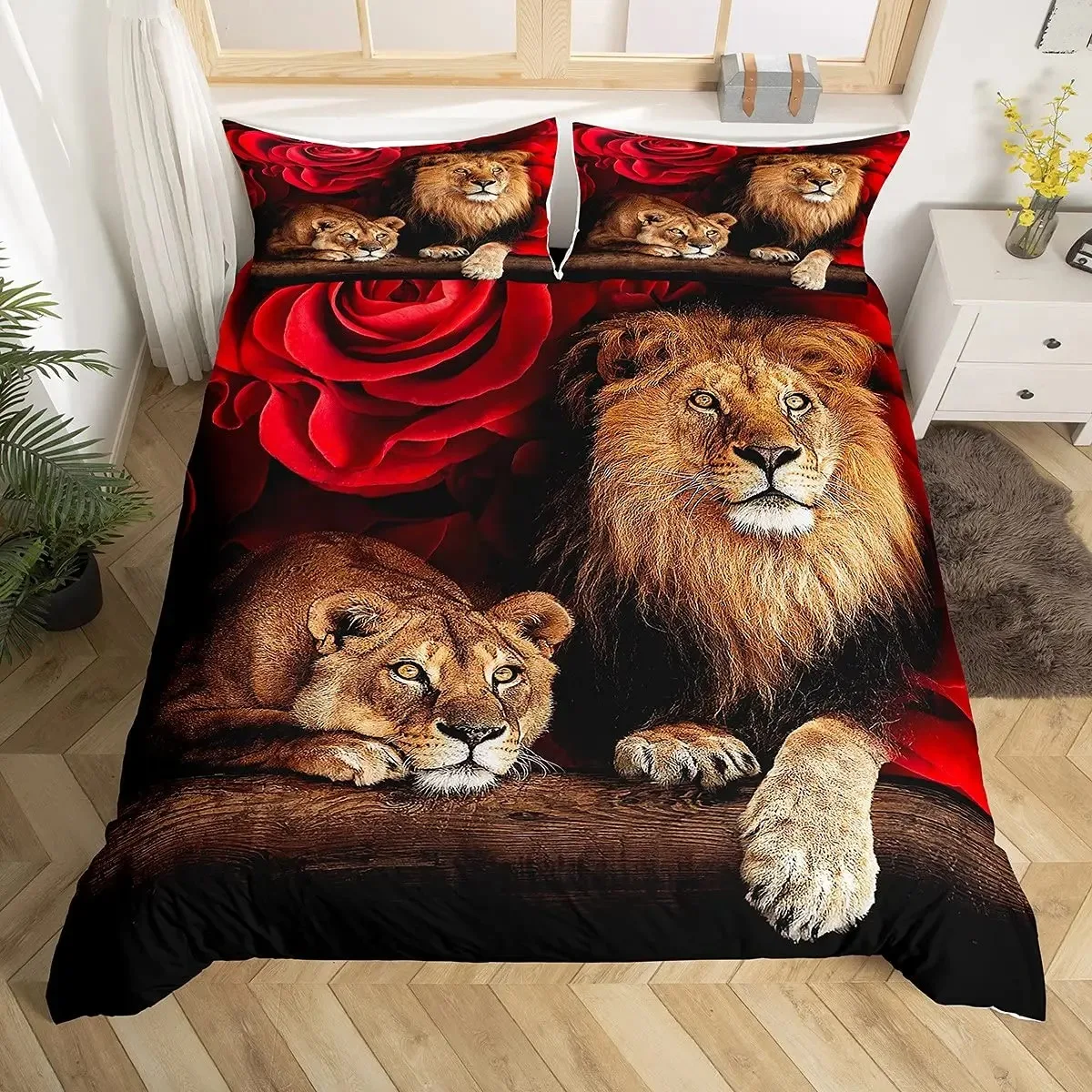 Lion Rose Duvet Cover Sets King Size Animal Floral Print Polyester Comforter Cover Nature Theme Bedding Set for Kids Adult Teens
Lion Rose Duvet Cover Sets King Size Animal Floral Print Polyester Comforter Cover Nature Theme Bedding Set for Kids Adult Teens