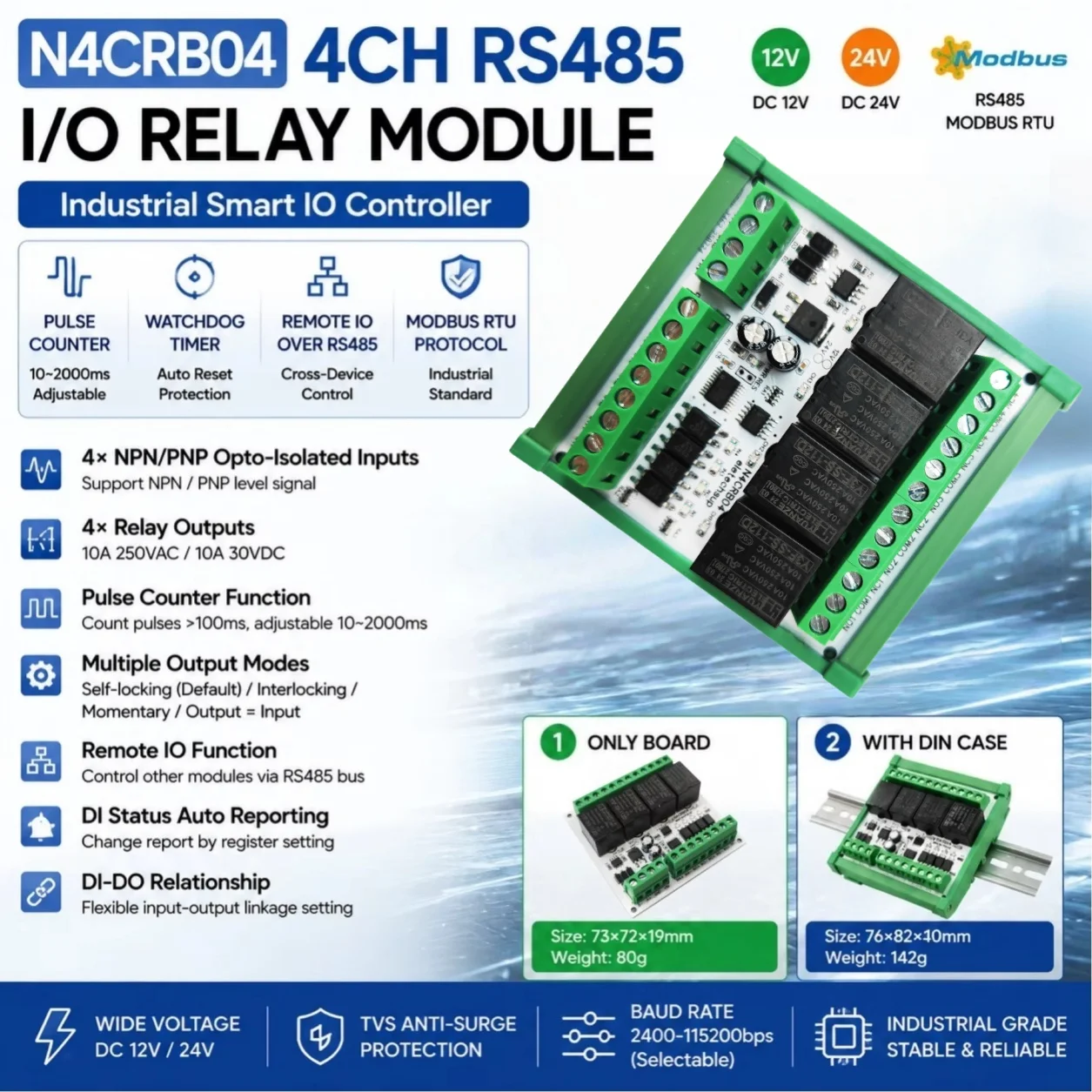 Wired Remote IO Pulse Counter Module Modbus RTU Multifunctional 4DI 4DO RS485 Remote Control Switch Watchdog Relay Board
Wired Remote IO Pulse Counter Module Modbus RTU Multifunctional 4DI 4DO RS485 Remote Control Switch Watchdog Relay Board