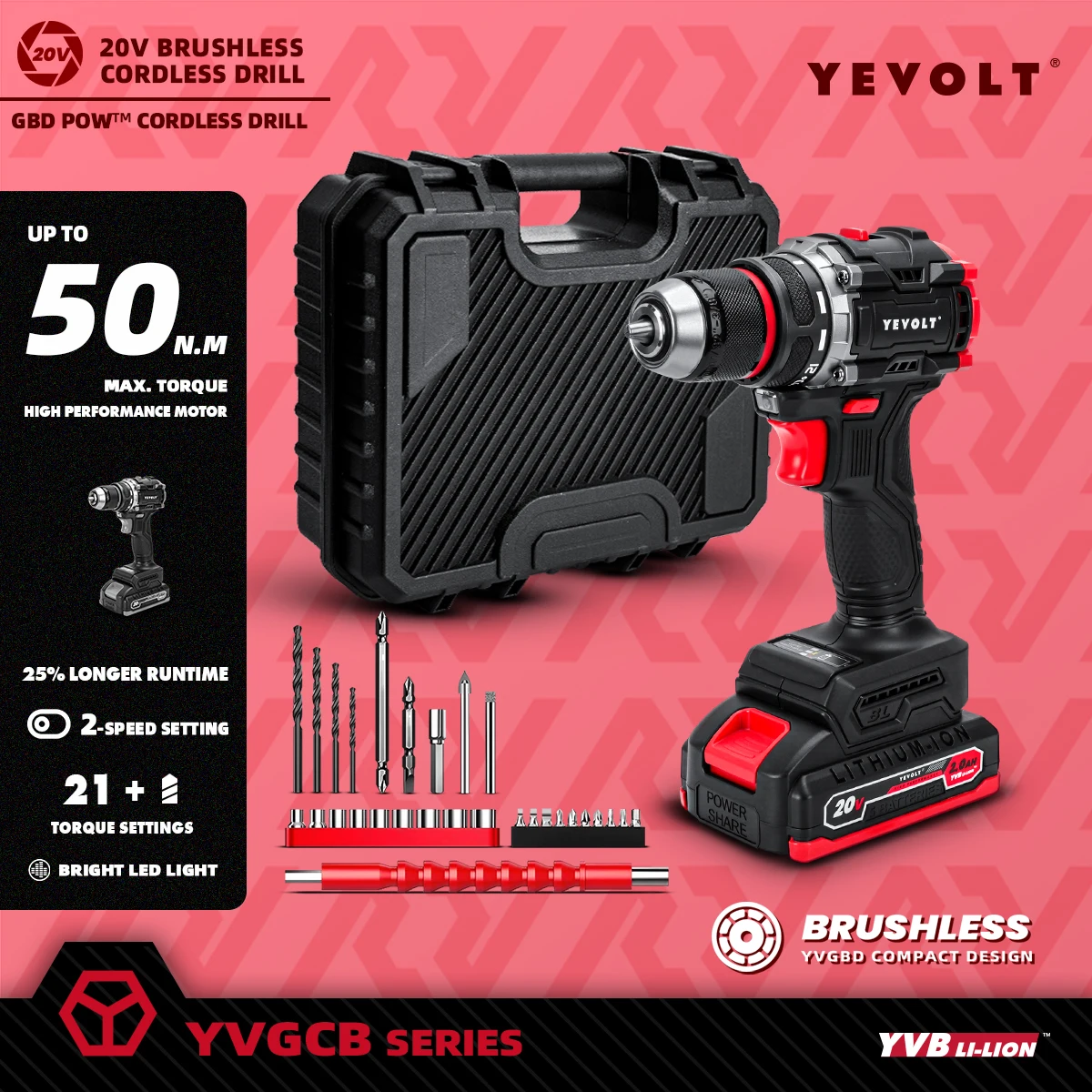 YEVOLT Cordless Electric Drill 20V - Brushless Motor, 2-Speed (0-550/1450RPM) 50N.m Torque LED Light for Prolonged DIY Projects
YEVOLT Cordless Electric Drill 20V - Brushless Motor, 2-Speed (0-550/1450RPM) 50N.m Torque LED Light for Prolonged DIY Projects