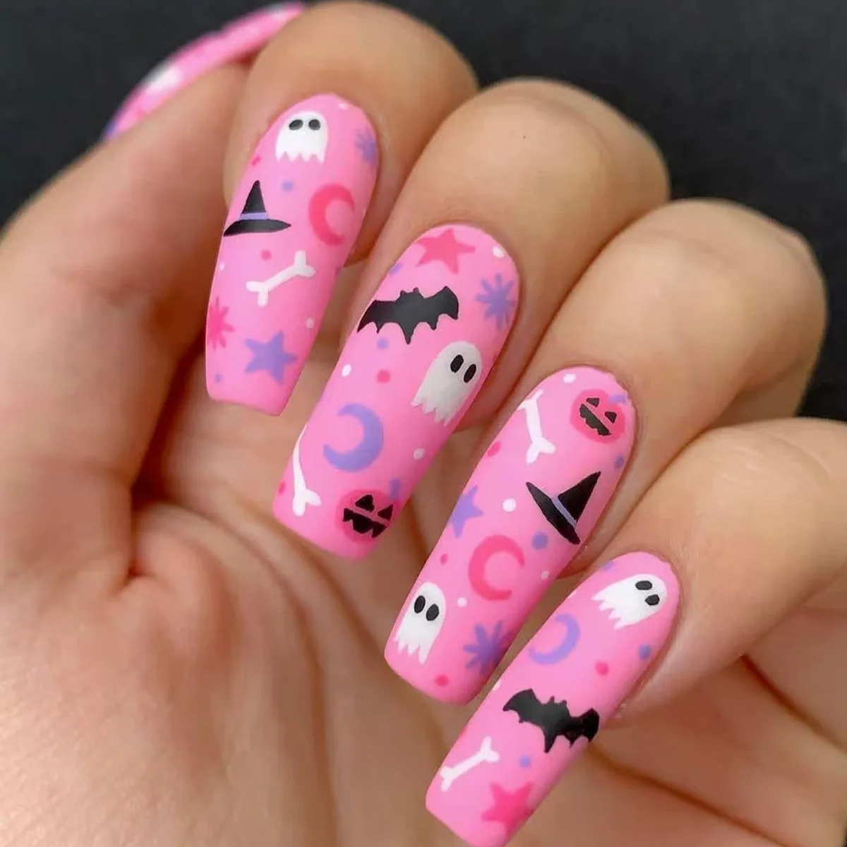 24pcs Pink Long Coffin Fake Nail Tips Halloween Ghost Bat Print Press on Nail Wearable Detachable European Long False Nails
24pcs Pink Long Coffin Fake Nail Tips Halloween Ghost Bat Print Press on Nail Wearable Detachable European Long False Nails