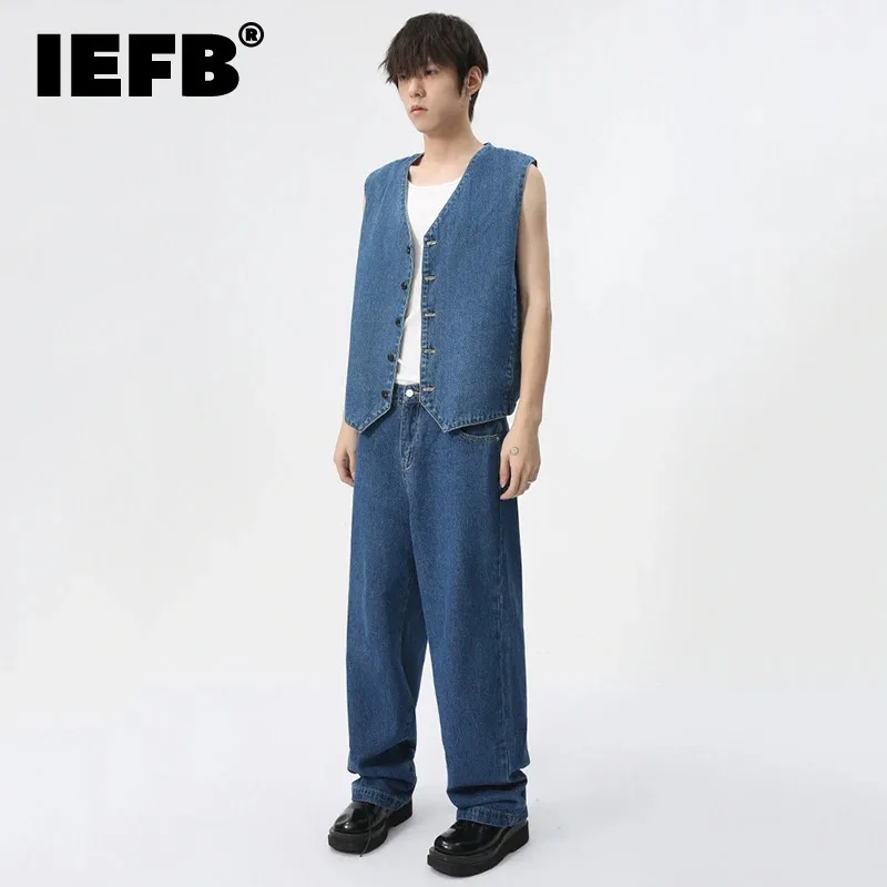 IEFB Korean Design Men's Denim Sets Casual Single Breasted Sleeveless Vest Straight Wide Leg Solid Color Male Jeans Trend 9C6556
IEFB Korean Design Men's Denim Sets Casual Single Breasted Sleeveless Vest Straight Wide Leg Solid Color Male Jeans Trend 9C6556