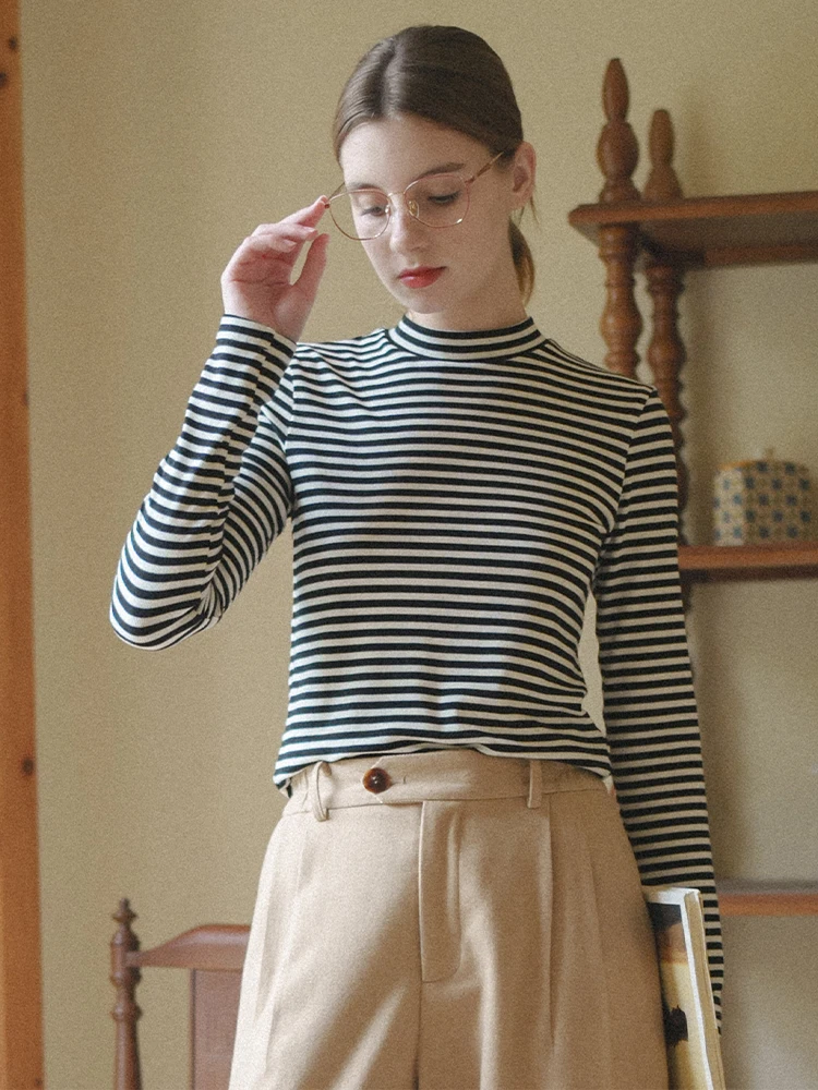 MarchNoon Vintage Stripe Base Shirt Half High Collar Wool Slim Fit Layering Top Women's Casual Fashion Knitted T-shirt
MarchNoon Vintage Stripe Base Shirt Half High Collar Wool Slim Fit Layering Top Women's Casual Fashion Knitted T-shirt