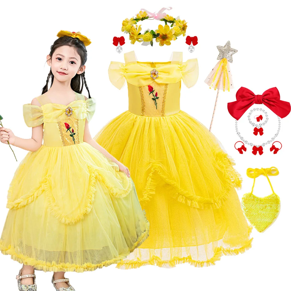 Girls Belle Princess Dress with Rose Accessory Off Shoulder Tulle Tutu Skirt with Rose Detail for Birthday Party Carnival Outfit
Girls Belle Princess Dress with Rose Accessory Off Shoulder Tulle Tutu Skirt with Rose Detail for Birthday Party Carnival Outfit