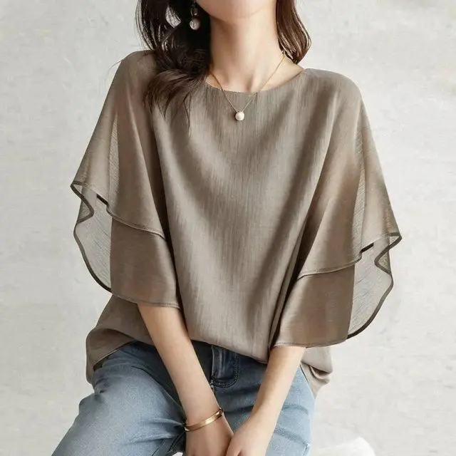 Casual Loose Short Sleeve Batwing Shirt Hem Lace Trim Fly Sleeve round Neck Overhead Covering OL Women's Top Polyester Fiber
Casual Loose Short Sleeve Batwing Shirt Hem Lace Trim Fly Sleeve round Neck Overhead Covering OL Women's Top Polyester Fiber