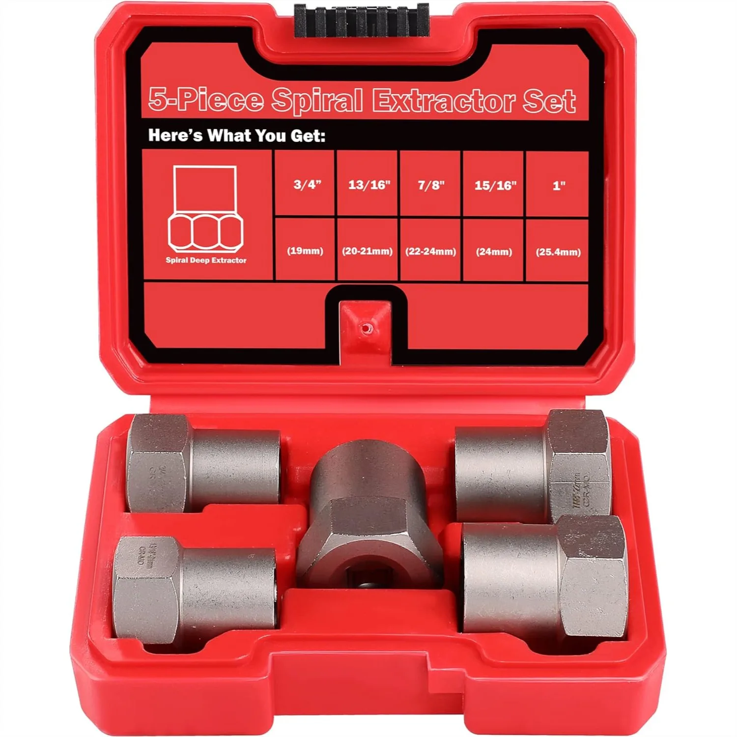 5 Pcs Bolt Extractor Set Heavy Duty, 1/2" Drive Easy Out for Removing Stripped Lug Nuts, Rounded Bolts
5 Pcs Bolt Extractor Set Heavy Duty, 1/2" Drive Easy Out for Removing Stripped Lug Nuts, Rounded Bolts
