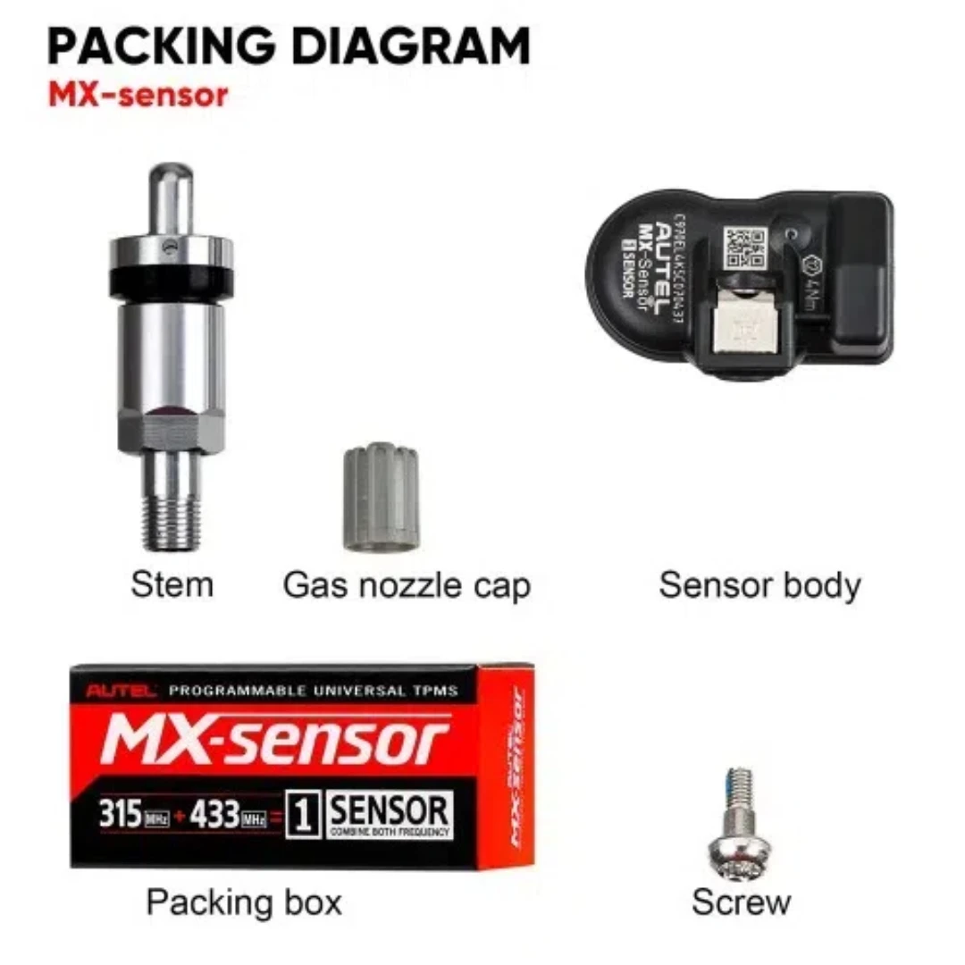Autel MX-Sensor 315 МГц + 433 МГц 2 в 1 Универсальный программируемый датчик TPMS Металл/резина OE Уровень Система контроля давления в шинах
Autel MX-Sensor 315 МГц + 433 МГц 2 в 1 Универсальный программируемый датчик TPMS Металл/резина OE Уровень Система контроля давления в шинах