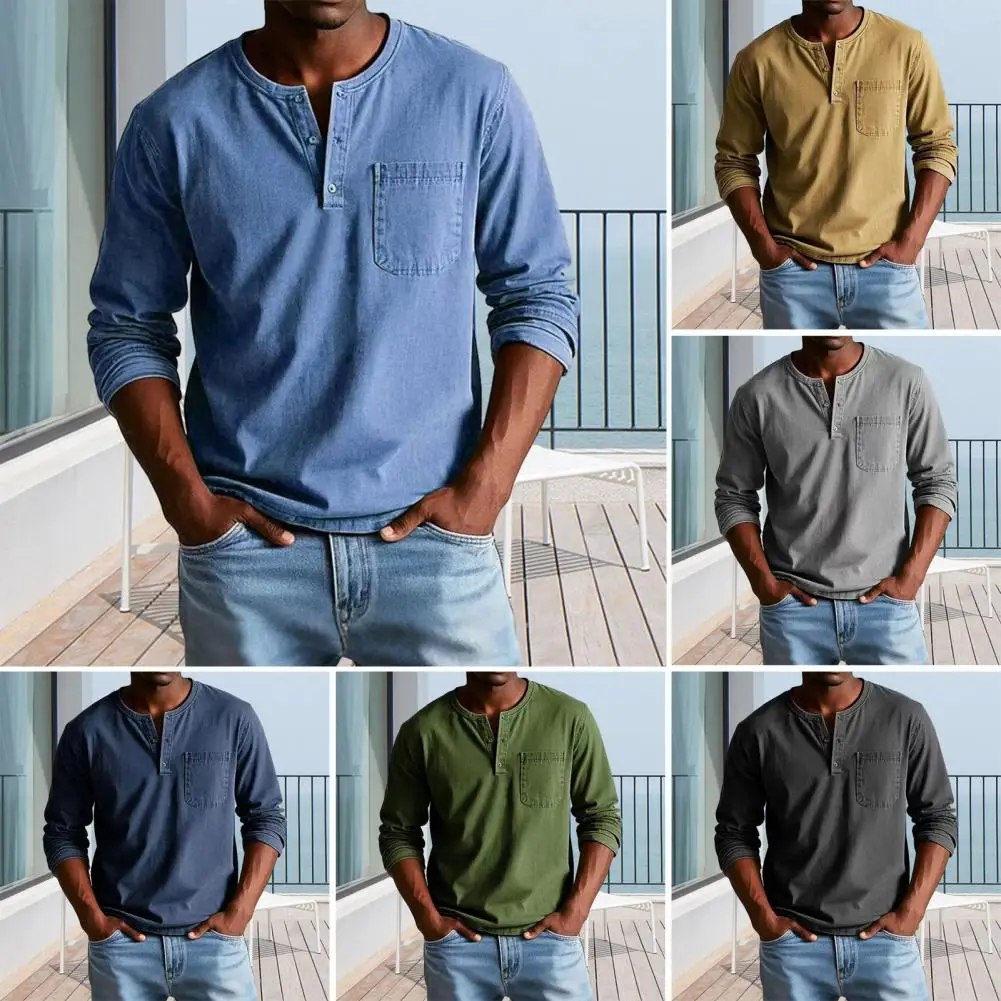 Men T-shirt Solid Color Slim Fit Casual Tops Round Neck Buttons Collar Long Sleeve Tee Shirt with Front Pocket
Men T-shirt Solid Color Slim Fit Casual Tops Round Neck Buttons Collar Long Sleeve Tee Shirt with Front Pocket