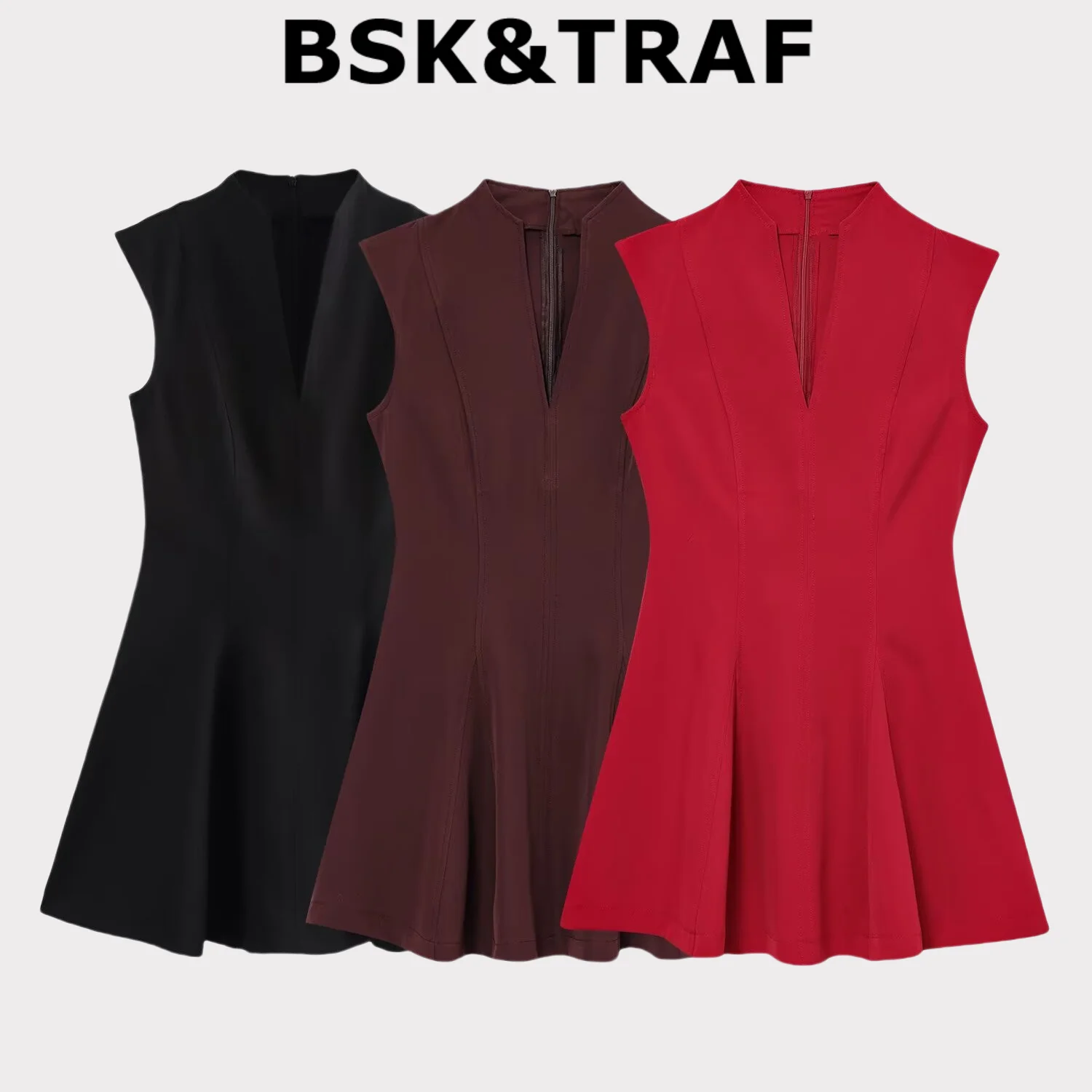 BSK&TRAF Elegant Wavy Wide-sleeved V-neck Sleeveless Waist Vest Dress 2025 Summer New Solid Color Sleeveless Dress 
BSK&TRAF Elegant Wavy Wide-sleeved V-neck Sleeveless Waist Vest Dress 2025 Summer New Solid Color Sleeveless Dress
