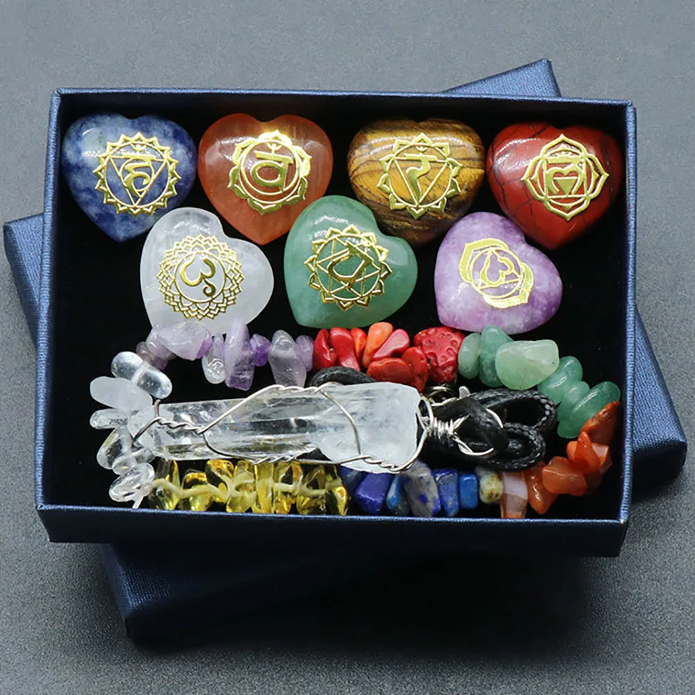 7 Chakra Symbols Heart Stones Chip Stone Bracelet Quartz Point Pendant Healing Crystals Kit for Meditation Balancing Therapy
7 Chakra Symbols Heart Stones Chip Stone Bracelet Quartz Point Pendant Healing Crystals Kit for Meditation Balancing Therapy
