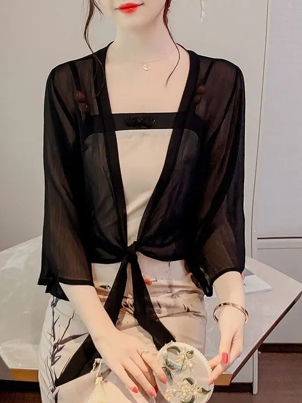 Summer Women's Shawl-Collar Short Sleeve Sun Protection Shirt Chiffon Versatile with Strap Dress Korean Style Loose Fit Shirt
Summer Women's Shawl-Collar Short Sleeve Sun Protection Shirt Chiffon Versatile with Strap Dress Korean Style Loose Fit Shirt
