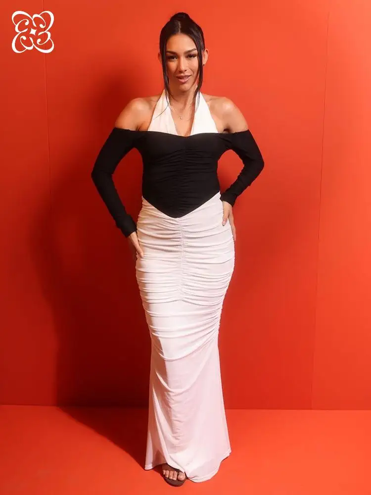 Colorblock Ruched Long Dress Halter Off Shoulder Long Sleeve Bodycon Formal Evening Gown Elegant Contrast Color Mermaid Dress
Colorblock Ruched Long Dress Halter Off Shoulder Long Sleeve Bodycon Formal Evening Gown Elegant Contrast Color Mermaid Dress