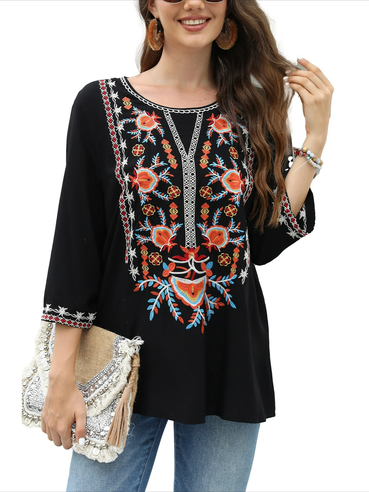 Boho Ethnic Floral Embroidered Blouse Tunic Women Rayon Vintage Black 3/4 Sleeve Loose Bohemian Mexico Casual Ladies Pullover
Boho Ethnic Floral Embroidered Blouse Tunic Women Rayon Vintage Black 3/4 Sleeve Loose Bohemian Mexico Casual Ladies Pullover