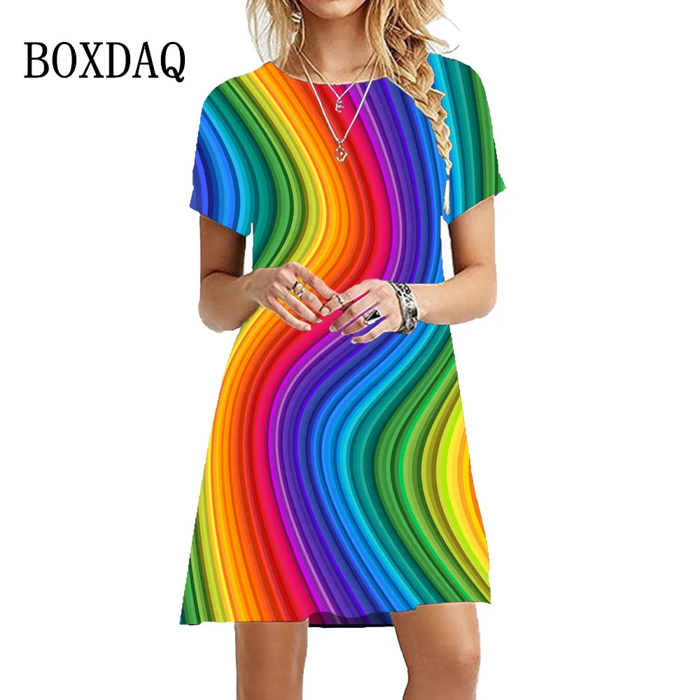 Fashion Rainbow Striped Dresses Women For 2023 New Summer Oversized Short Sleeve A-Line Party Dress Casual O-Neck Mini Clothing
Fashion Rainbow Striped Dresses Women For 2023 New Summer Oversized Short Sleeve A-Line Party Dress Casual O-Neck Mini Clothing