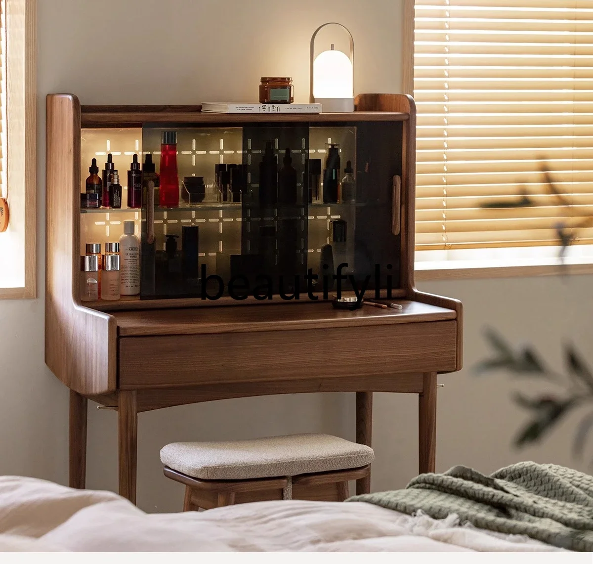 Nordic black walnut dresser bedroom household small apartment simple solid wood storage makeup table07
Nordic black walnut dresser bedroom household small apartment simple solid wood storage makeup table07