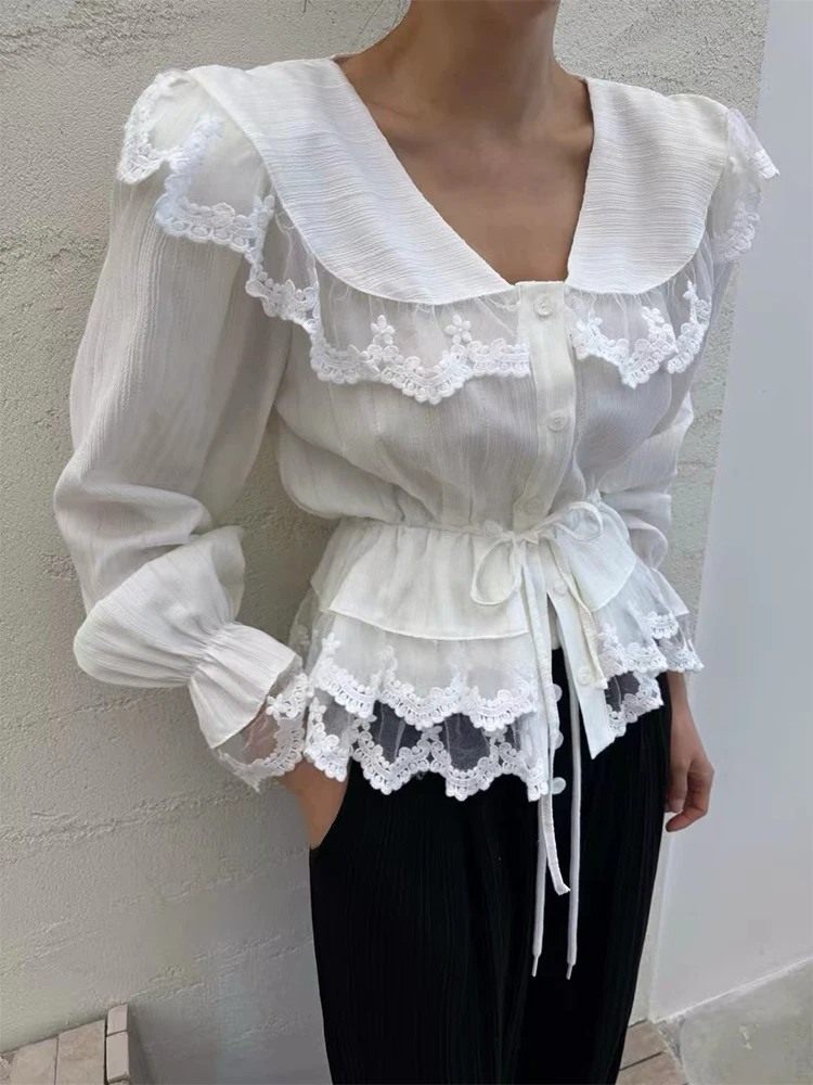 Korean Sweet Blouses Lace Patchwork Lace-up Peter Pan Collar Solid Color Crop Tops Female Slim Shirts Design 2025 Women Clothing
Korean Sweet Blouses Lace Patchwork Lace-up Peter Pan Collar Solid Color Crop Tops Female Slim Shirts Design 2025 Women Clothing