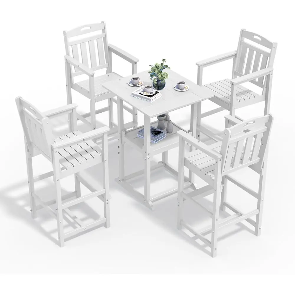 Outdoor Bar Height Table Set with Storage Shelf and 4 Oversized Adirondack Chairs, White
Outdoor Bar Height Table Set with Storage Shelf and 4 Oversized Adirondack Chairs, White