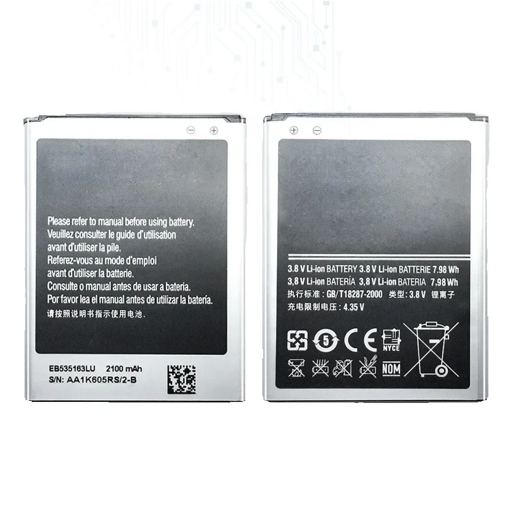 Mobile Phone Battery EB535163LU 2100mAh For Samsung Galaxy Grand Duos i9082 i9080 i9128E i9060 i9301 i9118 i9182
Mobile Phone Battery EB535163LU 2100mAh For Samsung Galaxy Grand Duos i9082 i9080 i9128E i9060 i9301 i9118 i9182