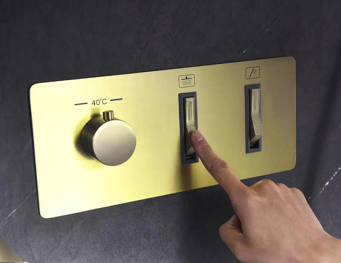 New Design Brushed Gold Brass Wall Mounted Concealed 2 Outlets 2 Way Thermostatic Push Button Shower Valve With Diverter
New Design Brushed Gold Brass Wall Mounted Concealed 2 Outlets 2 Way Thermostatic Push Button Shower Valve With Diverter
