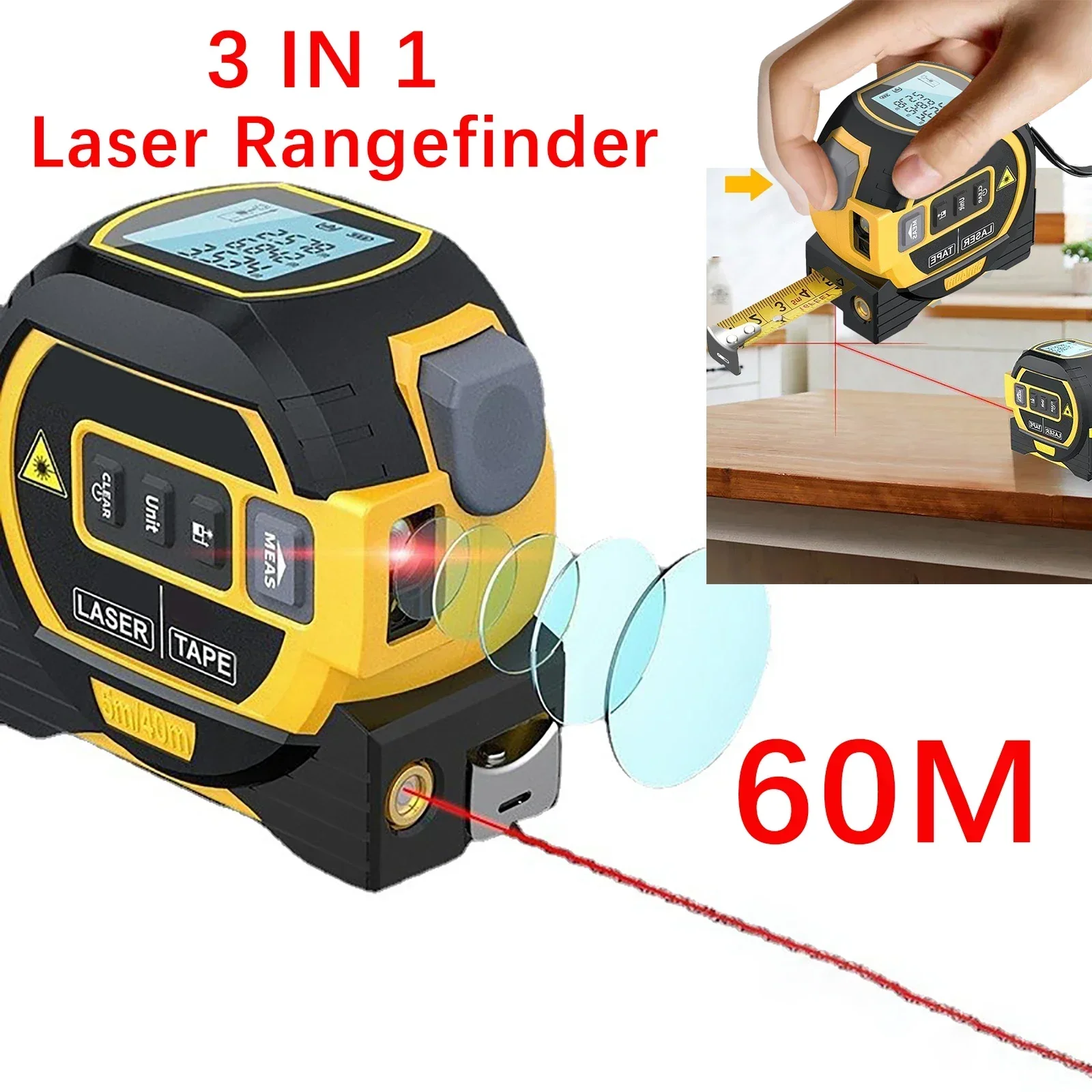 3 IN 1 LCD Display Measure Tape with Laser Distance 60 Meter Rangefinder Infrared Range Finder 5m Measuring Tape Laser Ruler
3 IN 1 LCD Display Measure Tape with Laser Distance 60 Meter Rangefinder Infrared Range Finder 5m Measuring Tape Laser Ruler