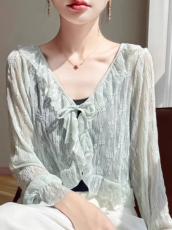 Spring Summer New Style Women's Lace Sun Protection Open Cardigan Thin Outerwear Vacation Atmosphere Blouse with Bow Tie
Spring Summer New Style Women's Lace Sun Protection Open Cardigan Thin Outerwear Vacation Atmosphere Blouse with Bow Tie