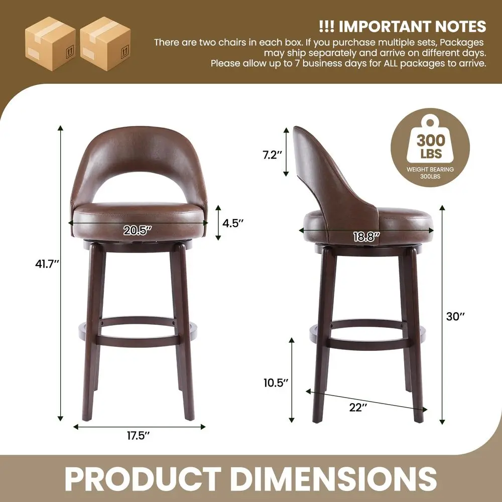30 Inch Swivel Bar Stools Set of 2, Brown Faux Leather holstered Barstools with Solid Rubberwood Frame Curved Backrest Round
30 Inch Swivel Bar Stools Set of 2, Brown Faux Leather holstered Barstools with Solid Rubberwood Frame Curved Backrest Round