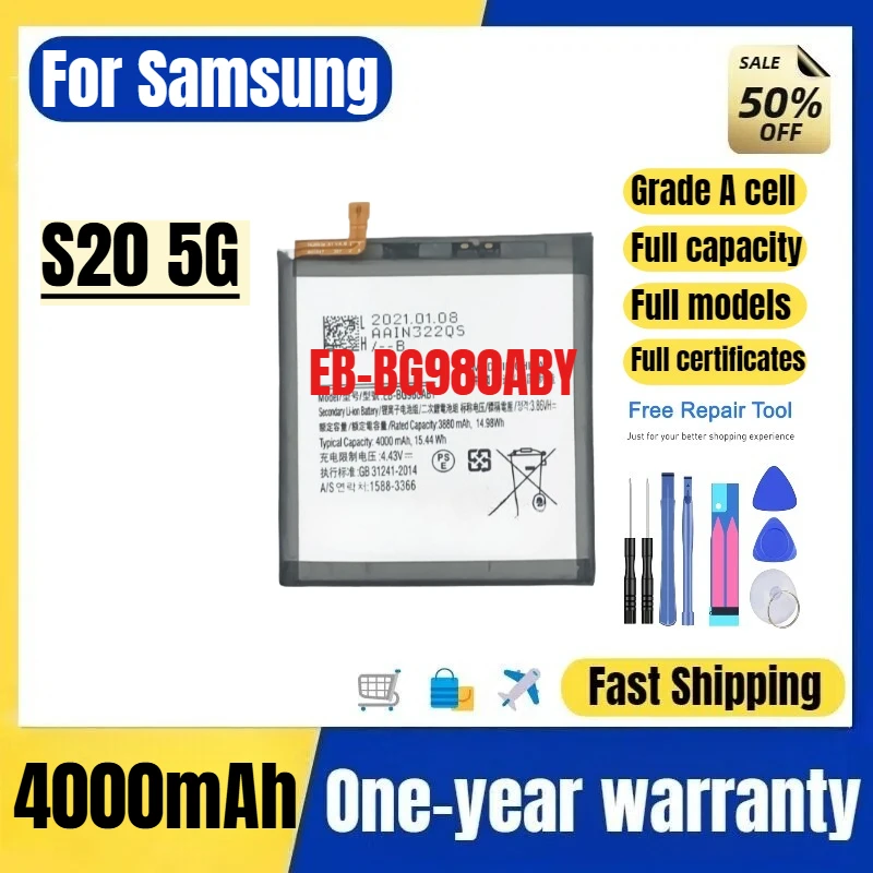 EB-BG980ABY for Samsung S20 5G Phone Battery High Quality High Capacity Battery Replacement Bateria Grade A Cell with Tools
EB-BG980ABY for Samsung S20 5G Phone Battery High Quality High Capacity Battery Replacement Bateria Grade A Cell with Tools