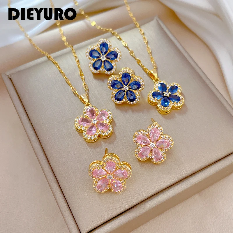 DIEYURO 316L Stainless Steel Lovely Blue Pink Flowers Pendant Necklace Earrings For Women Girl Trendy Jewelry Set Gift Party
DIEYURO 316L Stainless Steel Lovely Blue Pink Flowers Pendant Necklace Earrings For Women Girl Trendy Jewelry Set Gift Party
