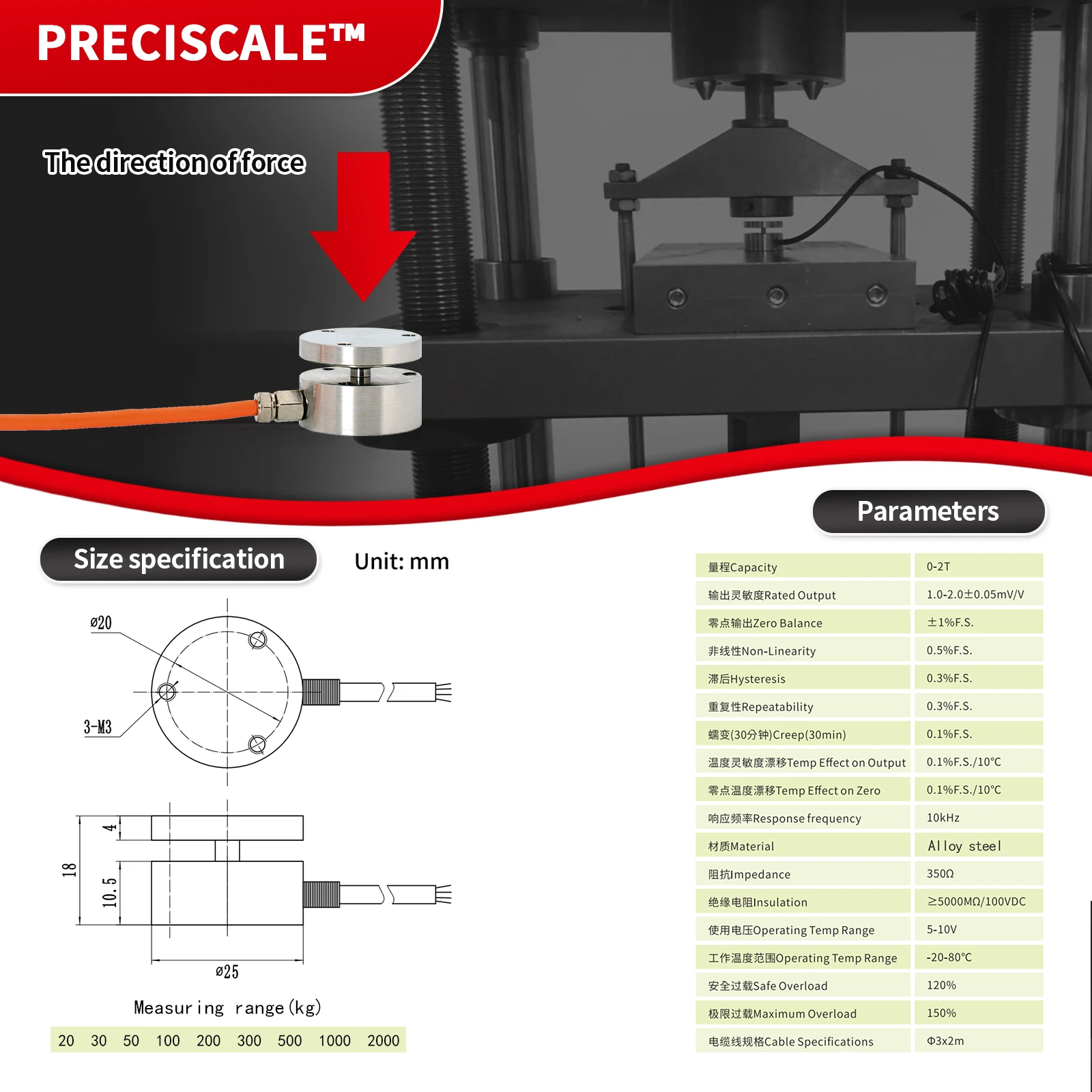 Micro Load Cell Sensor and Digital Force Gauge,Outside diameter 25,Test Pressure and Compressive Force,Capture peak/valley value
Micro Load Cell Sensor and Digital Force Gauge,Outside diameter 25,Test Pressure and Compressive Force,Capture peak/valley value