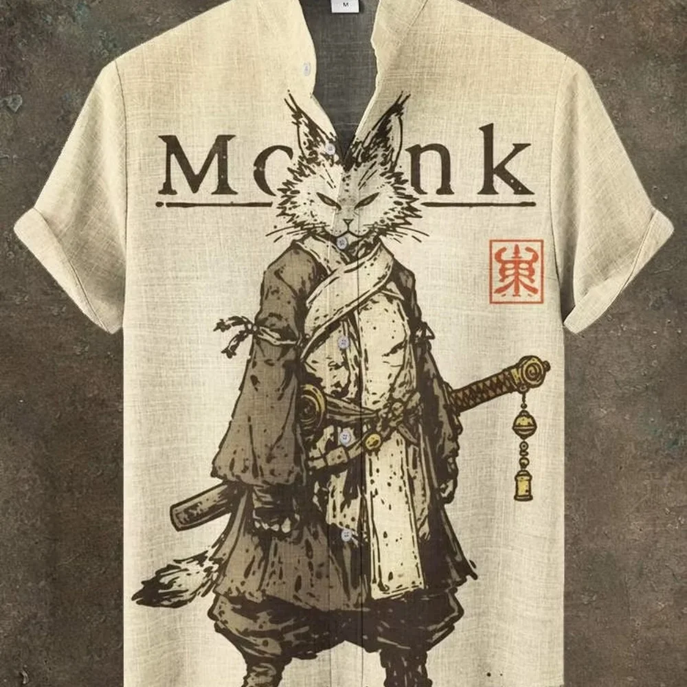 Japanese Retro Monk Cat Warrior Print Linen Blend Shirts Men Stand Collar Short Sleeve Vintage Casual Beach Top
Japanese Retro Monk Cat Warrior Print Linen Blend Shirts Men Stand Collar Short Sleeve Vintage Casual Beach Top
