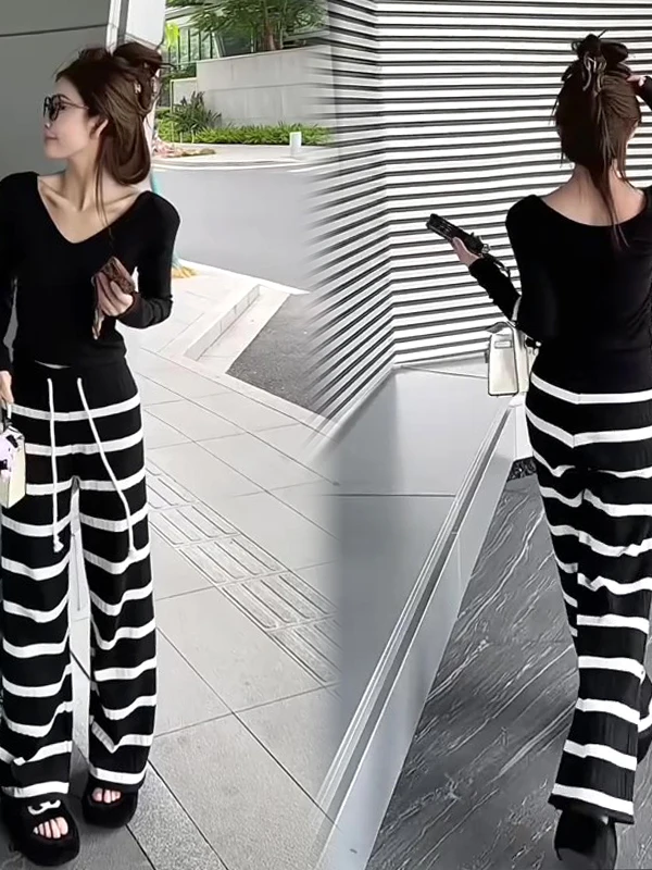 Casual Stripe Wide Leg Pants V-Neck Short Sleeve T-Shirt Two-Piece Set High Waist Autumn Winter Fashion Women's Ensemble
Casual Stripe Wide Leg Pants V-Neck Short Sleeve T-Shirt Two-Piece Set High Waist Autumn Winter Fashion Women's Ensemble