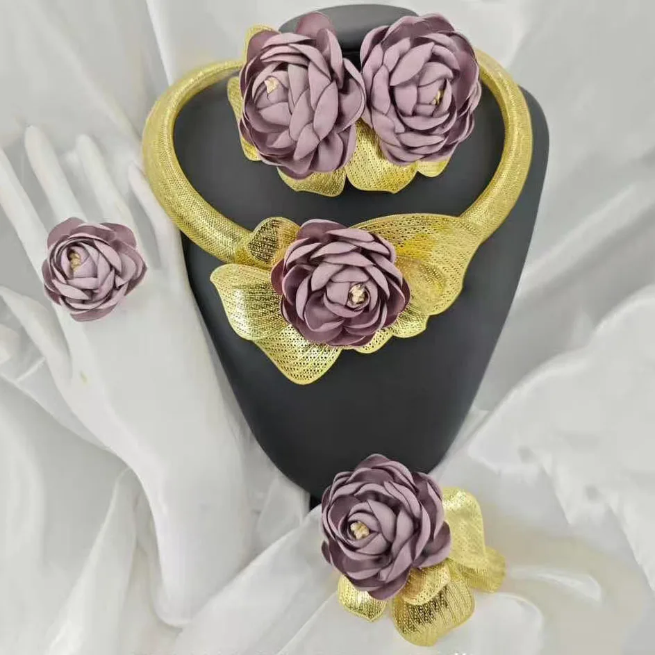 Elegant Textured Purple Flower Jewelry Set Fancy Beautiful Choker Collar Brazalete Aretes Anillo 4PC Jewel Set for New Year Gift
Elegant Textured Purple Flower Jewelry Set Fancy Beautiful Choker Collar Brazalete Aretes Anillo 4PC Jewel Set for New Year Gift
