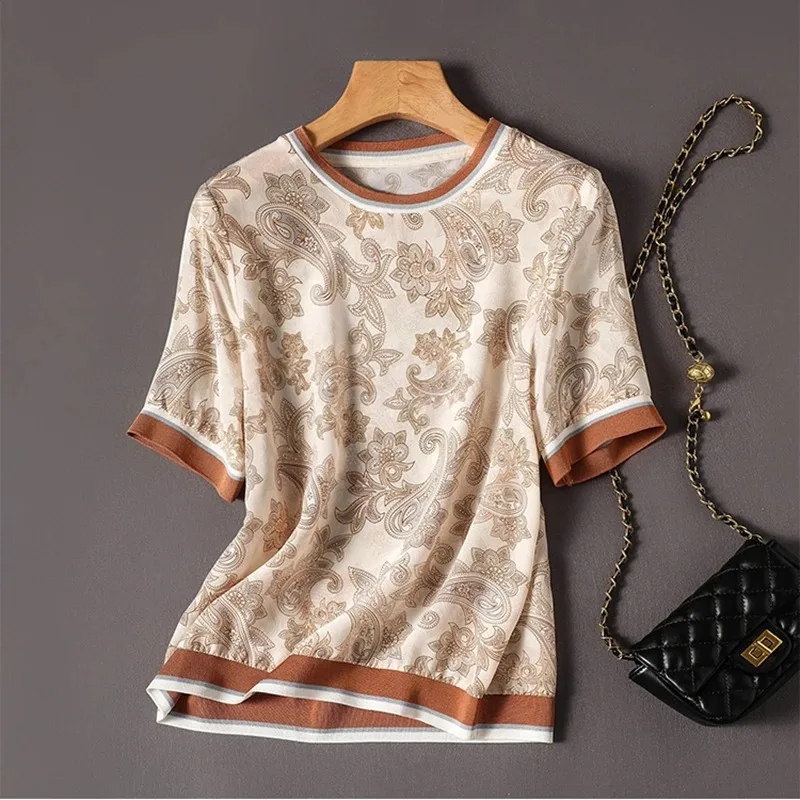 High Quality Elegant Ladies Tops Fashion Printted Short Sleeve Chiffon T-shirt Women 2023 All-matcing Casual Tee Shirt Femme
High Quality Elegant Ladies Tops Fashion Printted Short Sleeve Chiffon T-shirt Women 2023 All-matcing Casual Tee Shirt Femme