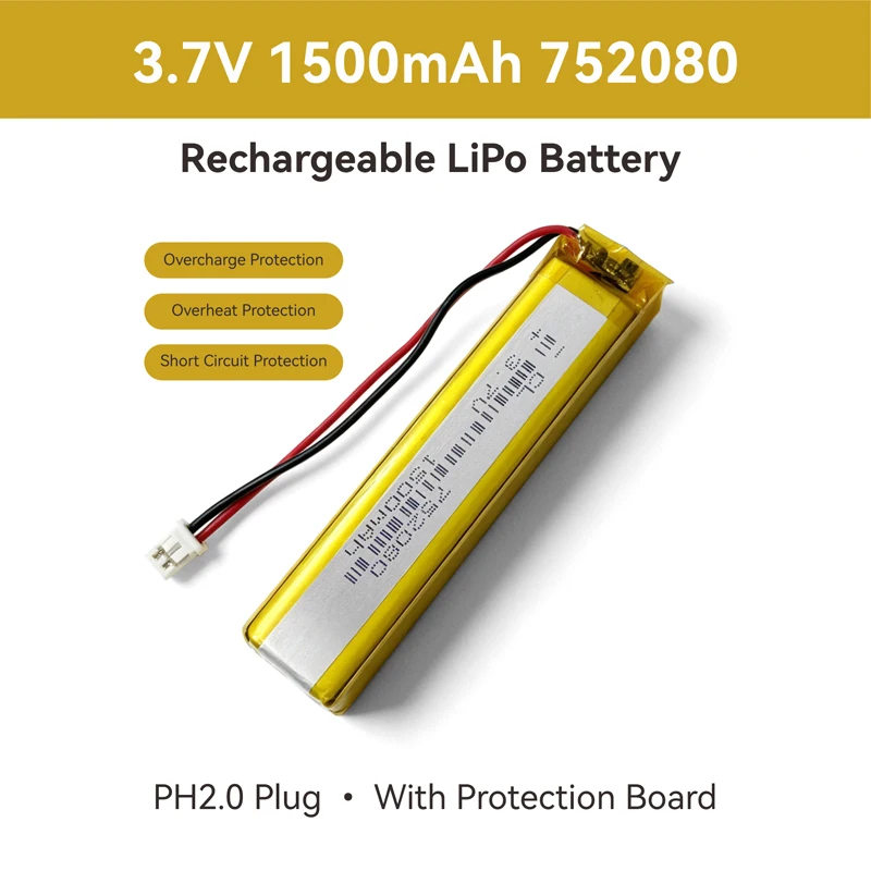 3.7V Lithium Polymer1500mAh Battery 752080 Built-in PCB Protection Board Safe Power RC Toy GPS Bluetooth Speaker DIY Electronic
3.7V Lithium Polymer1500mAh Battery 752080 Built-in PCB Protection Board Safe Power RC Toy GPS Bluetooth Speaker DIY Electronic