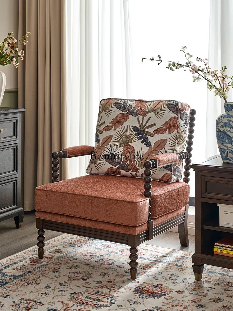 Light luxury American solid wood single sofa chair retro fabric balcony recliner 
Light luxury American solid wood single sofa chair retro fabric balcony recliner
