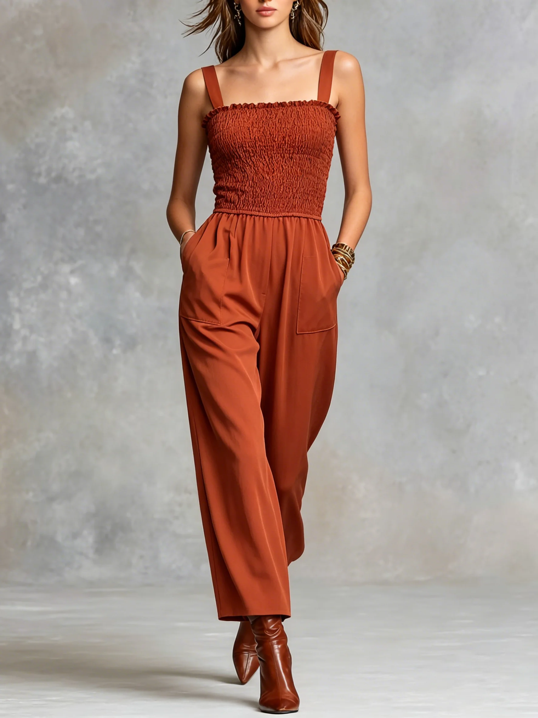 Title: Women's Smocked Bodice Wide-Leg Jumpsuit | Casual Sleeveless Strappy Jumpsuit with Pockets
Title: Women's Smocked Bodice Wide-Leg Jumpsuit | Casual Sleeveless Strappy Jumpsuit with Pockets