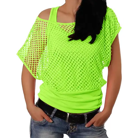 Womens Vintage 80s Neon Fishnet Mesh Party T Shirts Off Shoulder Green Tops For Women Party Ball Short Sleeve Two Piece T Shirt
