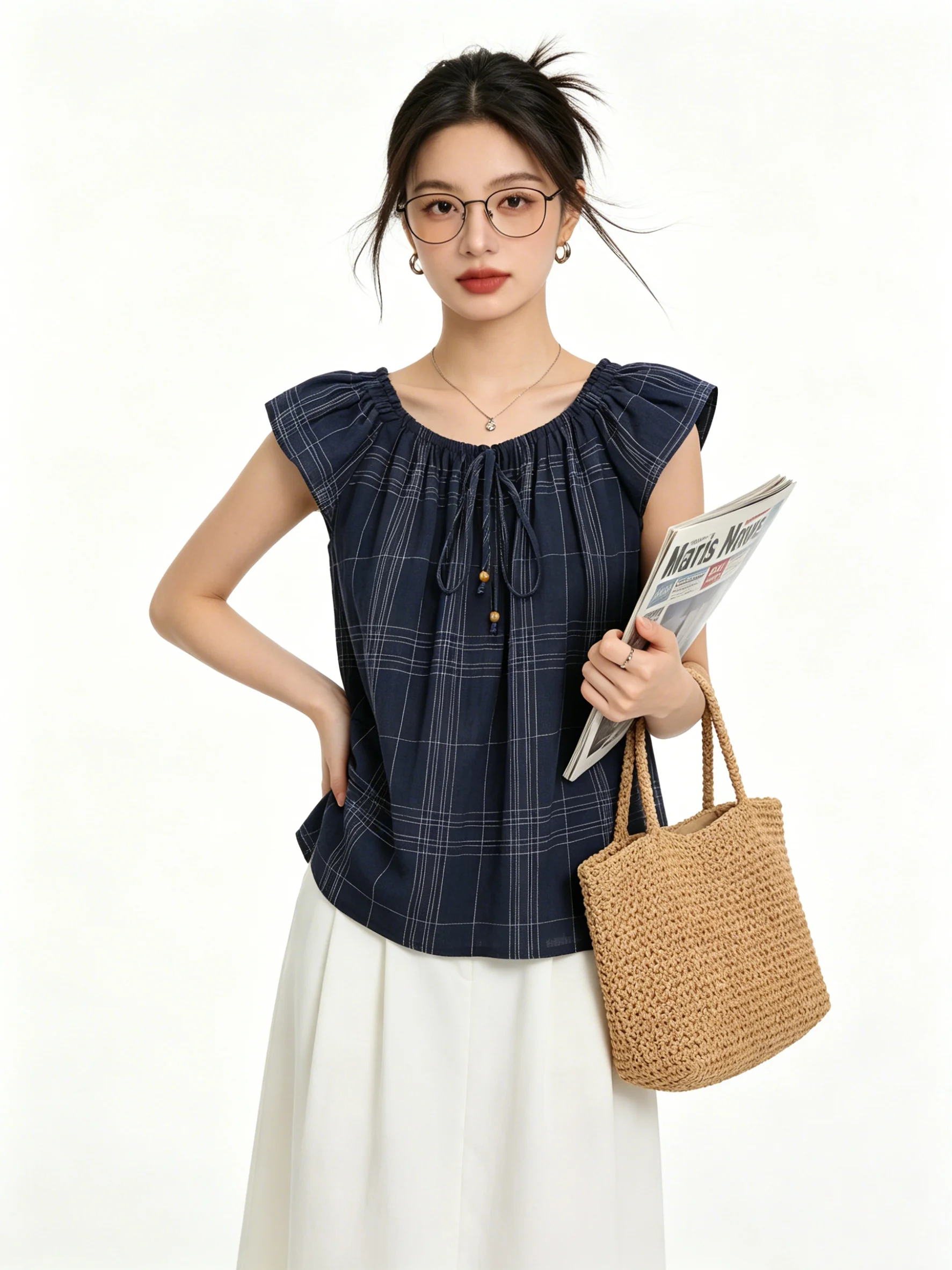 Summer Youthful Korean Style Checkered Short Sleeve Vest Fly Sleeve Tunic Top Breathable round Neck Women's Fashion Shirt
Summer Youthful Korean Style Checkered Short Sleeve Vest Fly Sleeve Tunic Top Breathable round Neck Women's Fashion Shirt
