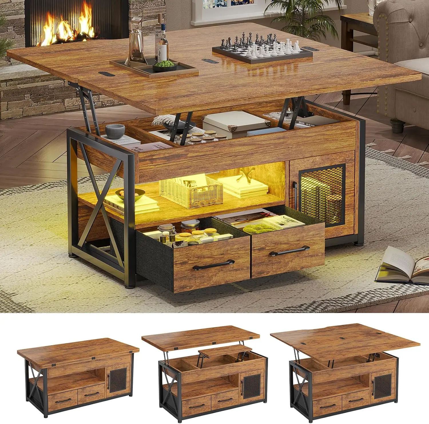 40 Lift Top Coffee Table 4 in 1 with Storage Cabinet 2 Fabric Drawers LED Light Rustic Brown
40 Lift Top Coffee Table 4 in 1 with Storage Cabinet 2 Fabric Drawers LED Light Rustic Brown