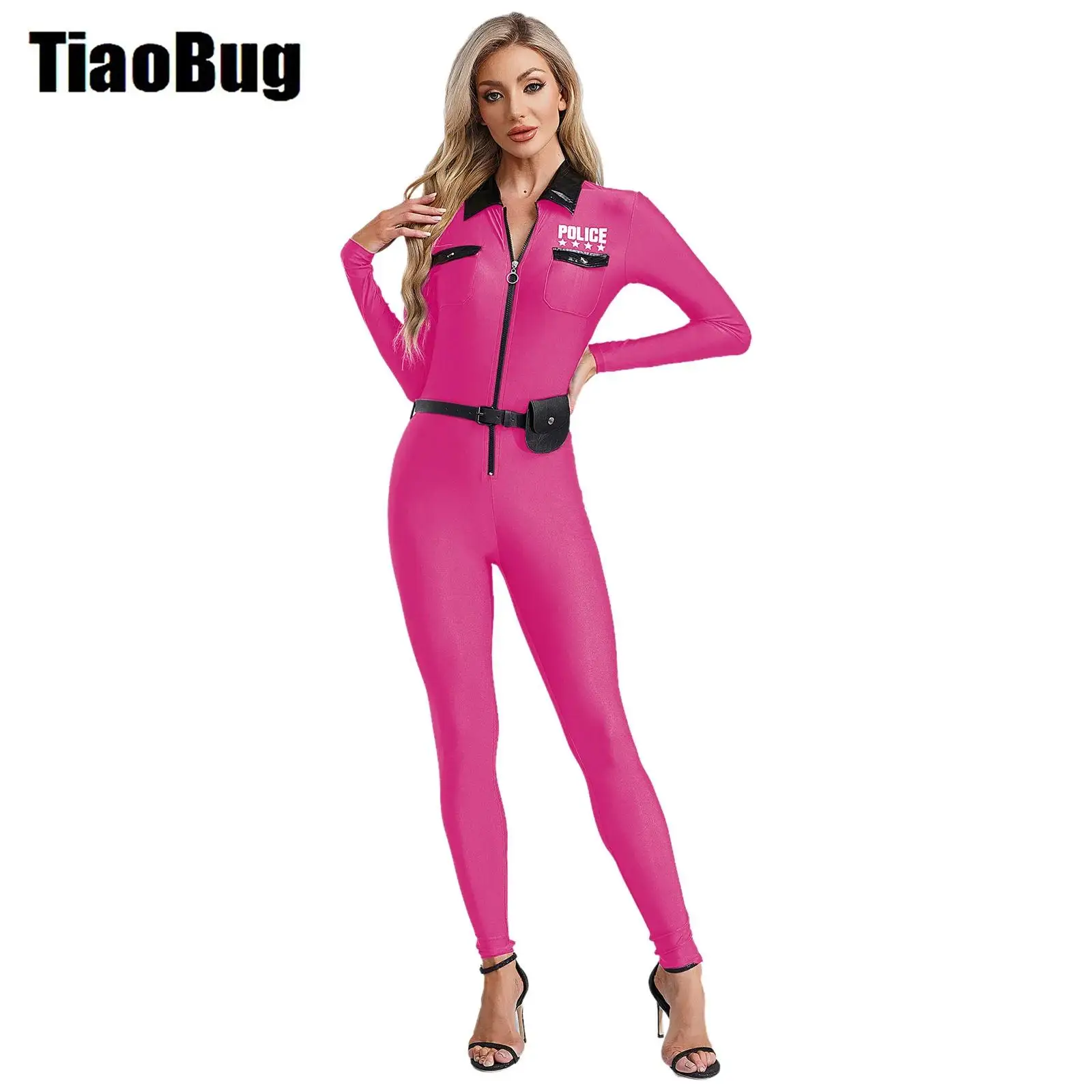 Women Policewoman Cosplay Bodysuit Halloween Costume Lapel Collar Long Sleeve Zipper Bodysuit with Belt And Purse Uniform Set
Women Policewoman Cosplay Bodysuit Halloween Costume Lapel Collar Long Sleeve Zipper Bodysuit with Belt And Purse Uniform Set