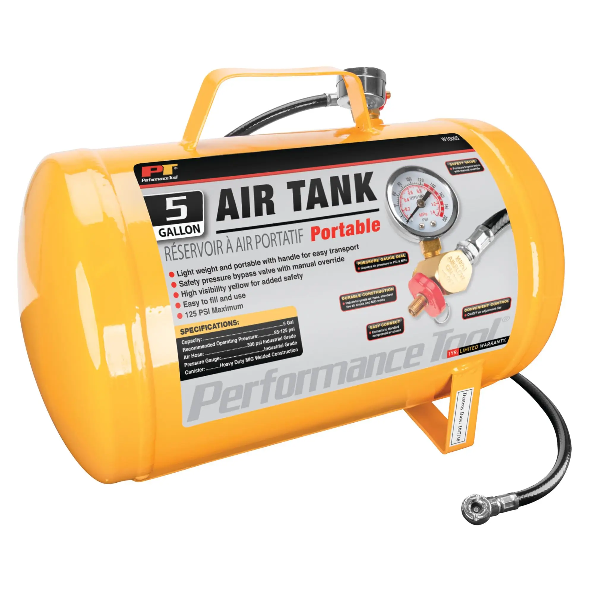 Yellow Hi Viz Portable Air Tank 5 Gallon Horizontal W10005 with Tire Air Chuck
Yellow Hi Viz Portable Air Tank 5 Gallon Horizontal W10005 with Tire Air Chuck