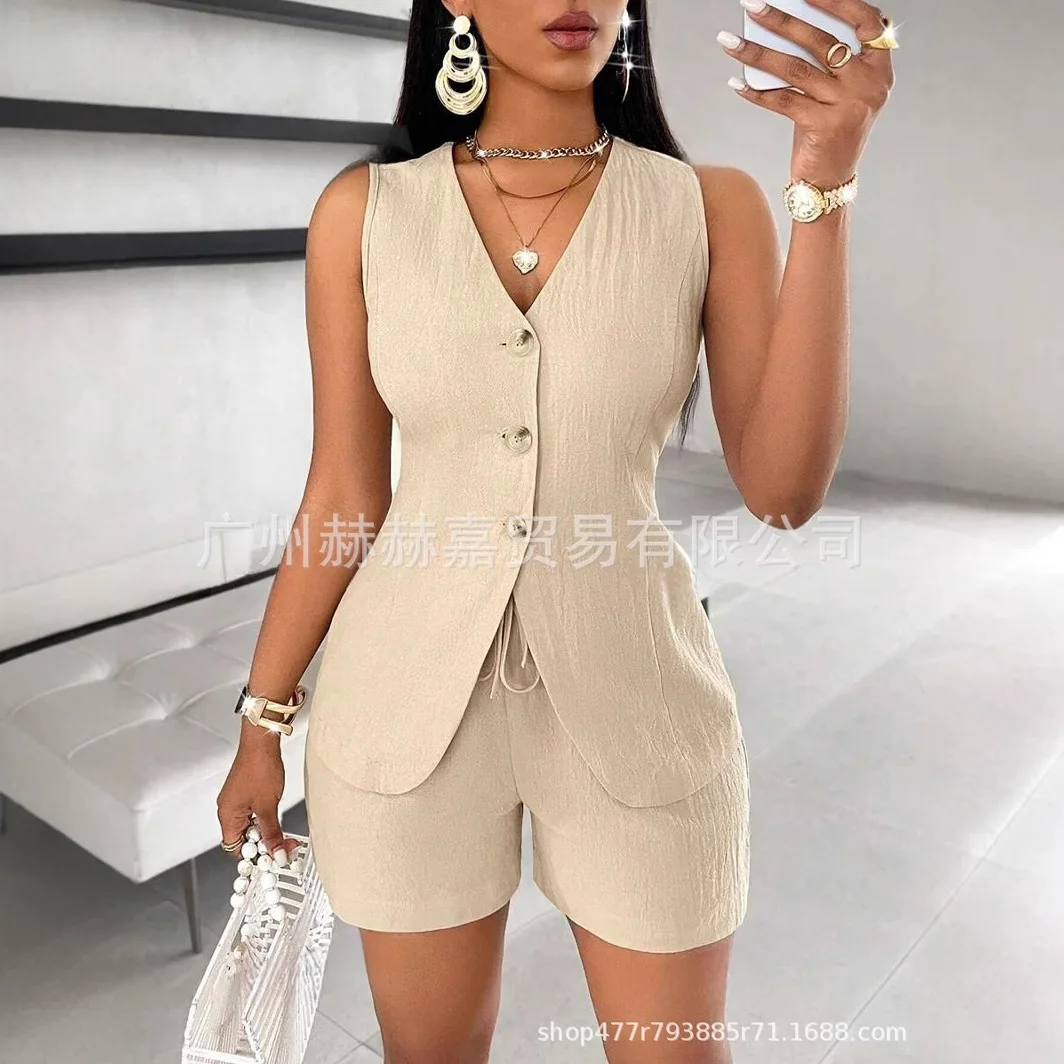2025 Summer Elegant Commuter Women's Shorts Set Fashionable Solid Color V-neck Single Bretted Sleeveless Top + Leace-up Shorts
2025 Summer Elegant Commuter Women's Shorts Set Fashionable Solid Color V-neck Single Bretted Sleeveless Top + Leace-up Shorts