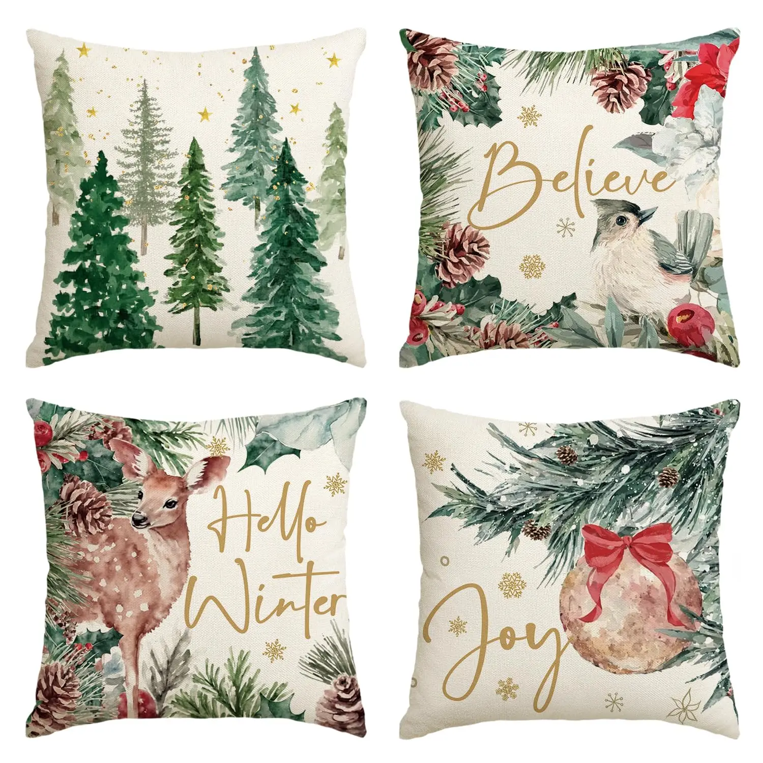 Joy Christmas Holly Berries Reindeer Believe Throw Pillow Covers Xmas Tree Hello Winter Holiday Cushion Case for Sofa Set of 4 
Joy Christmas Holly Berries Reindeer Believe Throw Pillow Covers Xmas Tree Hello Winter Holiday Cushion Case for Sofa Set of 4