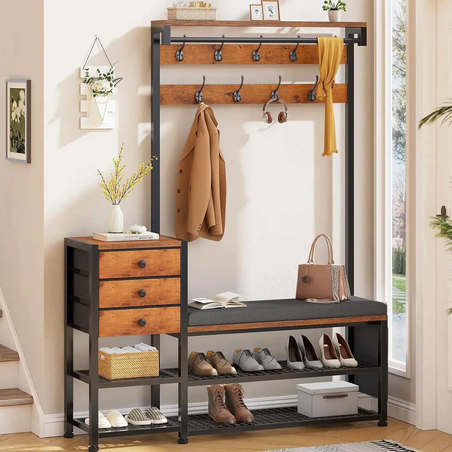 Coat Rack, Hall Tree with Bench and Shoe Storage, 7-in-1 Entryway Bench with Soft Cushion, Storage Bag, 3 Fabric Drawers(Rustic
Coat Rack, Hall Tree with Bench and Shoe Storage, 7-in-1 Entryway Bench with Soft Cushion, Storage Bag, 3 Fabric Drawers(Rustic
