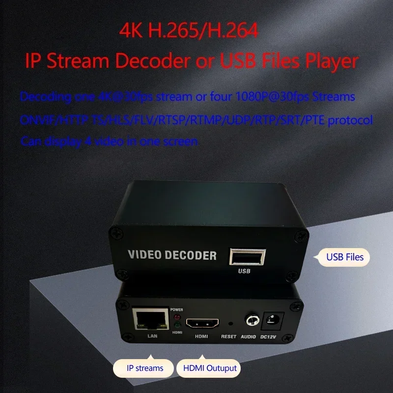 4K H.265/H.264 IP Stream Decoder And USB Files Player Output By ONVIF RTMP RTSP UDP HTTP Protocolcheap And Fine
4K H.265/H.264 IP Stream Decoder And USB Files Player Output By ONVIF RTMP RTSP UDP HTTP Protocolcheap And Fine